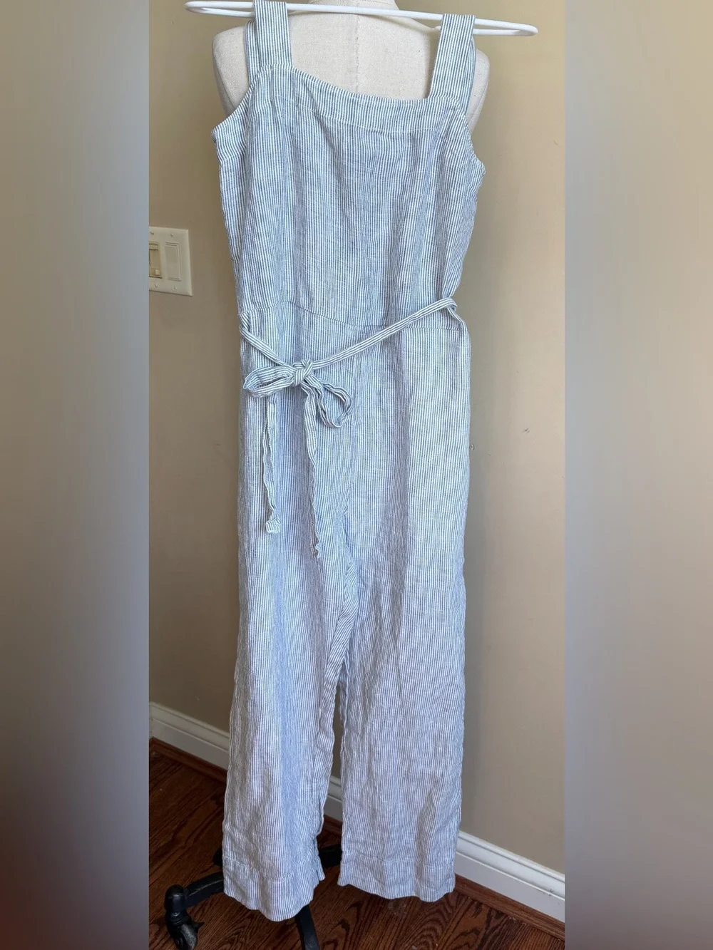 QUINCE 100% Linen Striped Square Neck Jumpsuit, XS